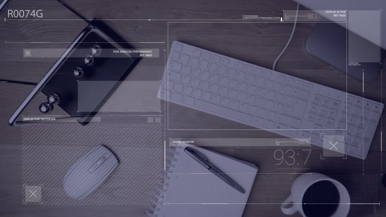 animación de las estadísticas y procesamiento de datos sobre el escritorio con computadoras y artículos de oficina.