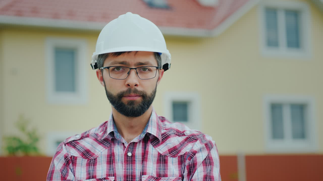 retrato de un ingeniero atractivo en un casco blanco que mira a la cámara contra el telón de fondo de