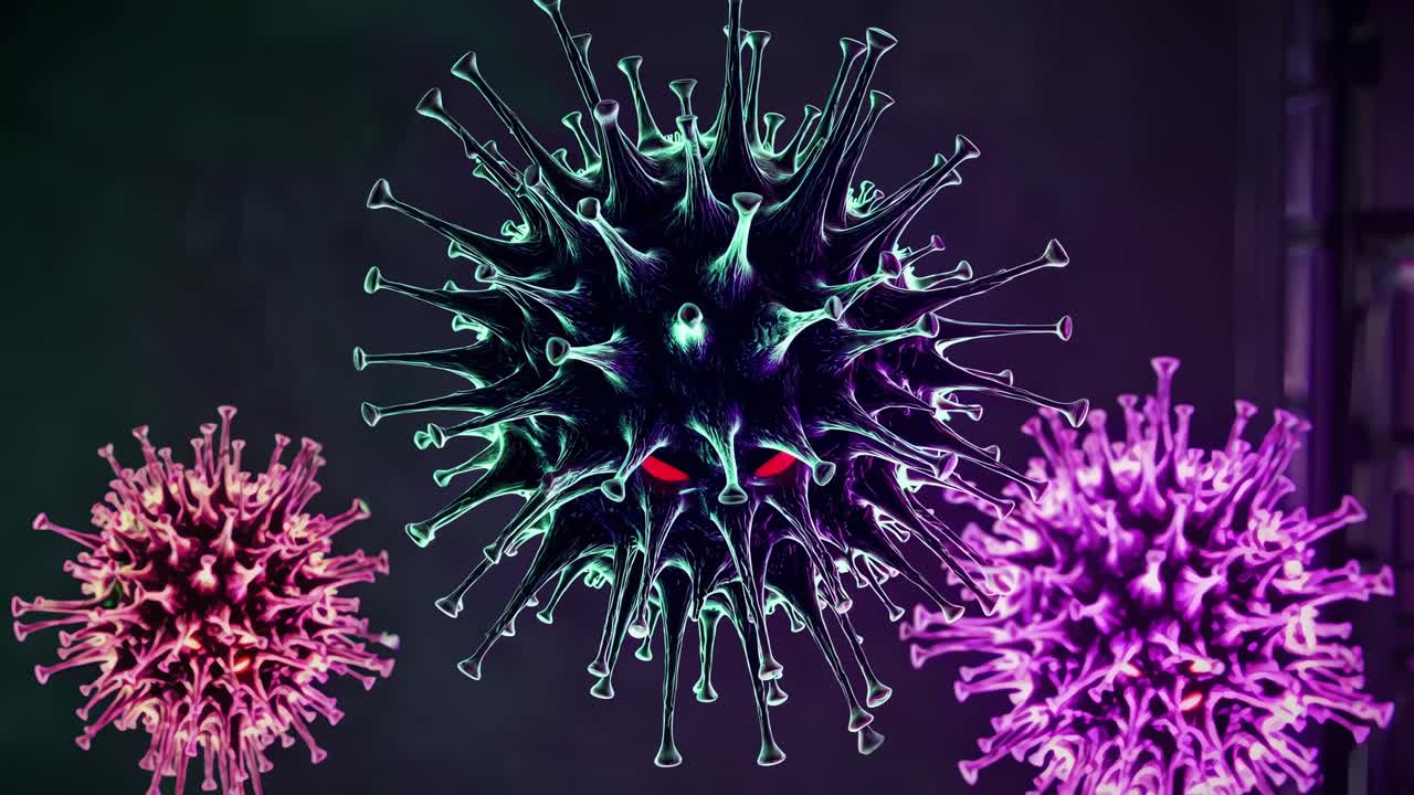 vista microscópica de virus peligrosos con ojos rojos brillantes, que representan una amenaza viral cyberpunk que se extiende en un entorno tecnológico