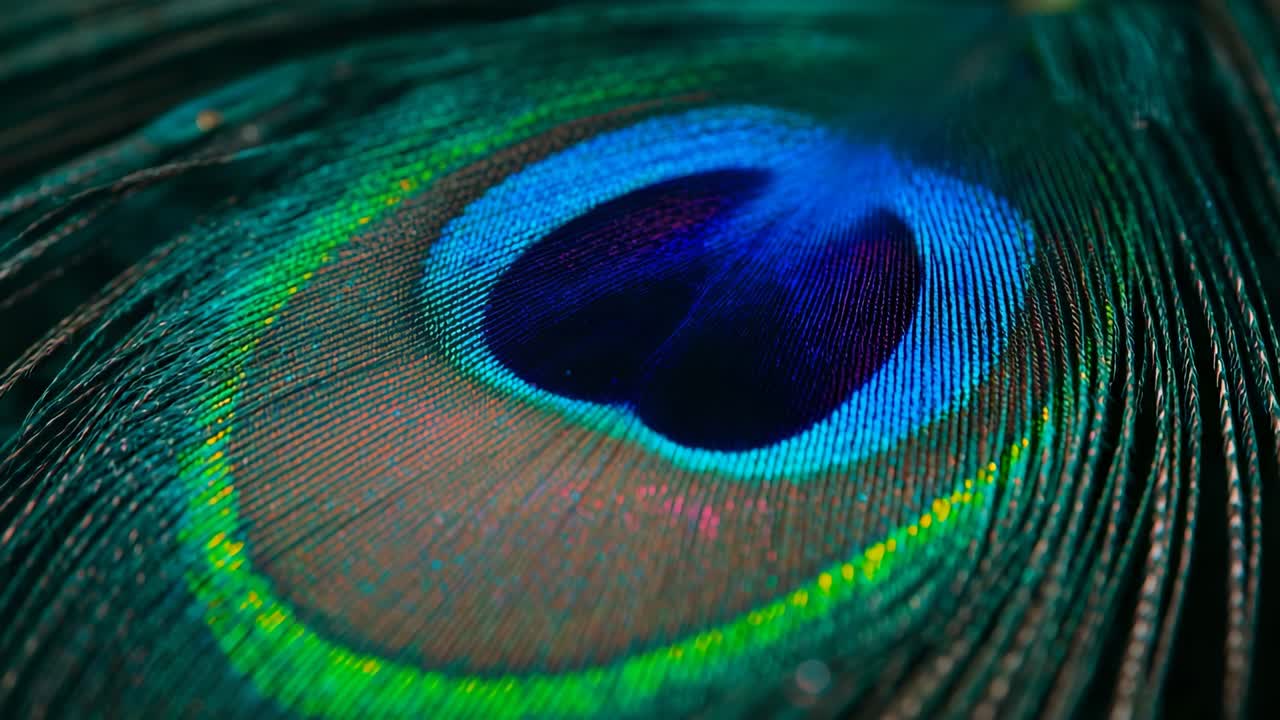 Peacock feather eye shimmering in macro studio, with lighting shifts revealing iridescent color