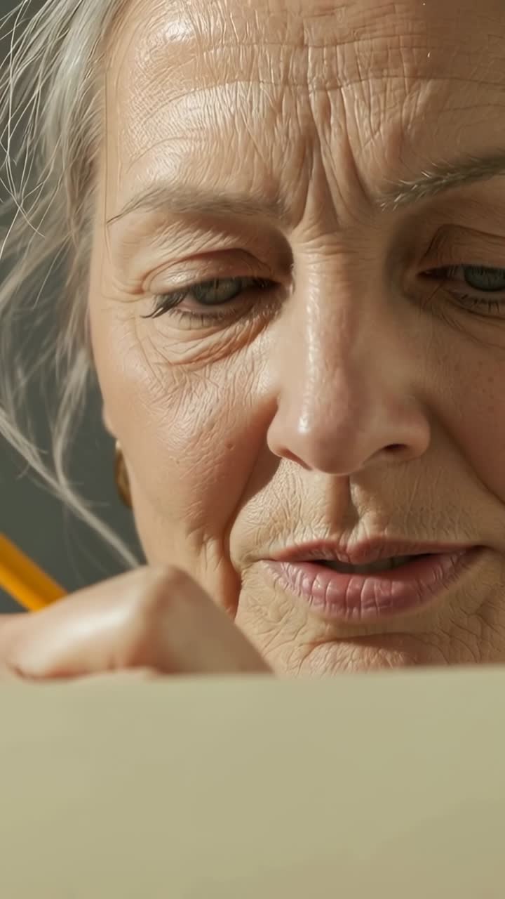 Vertical video: Yellow pencil entering senior woman drawing marks on paper at table checking work