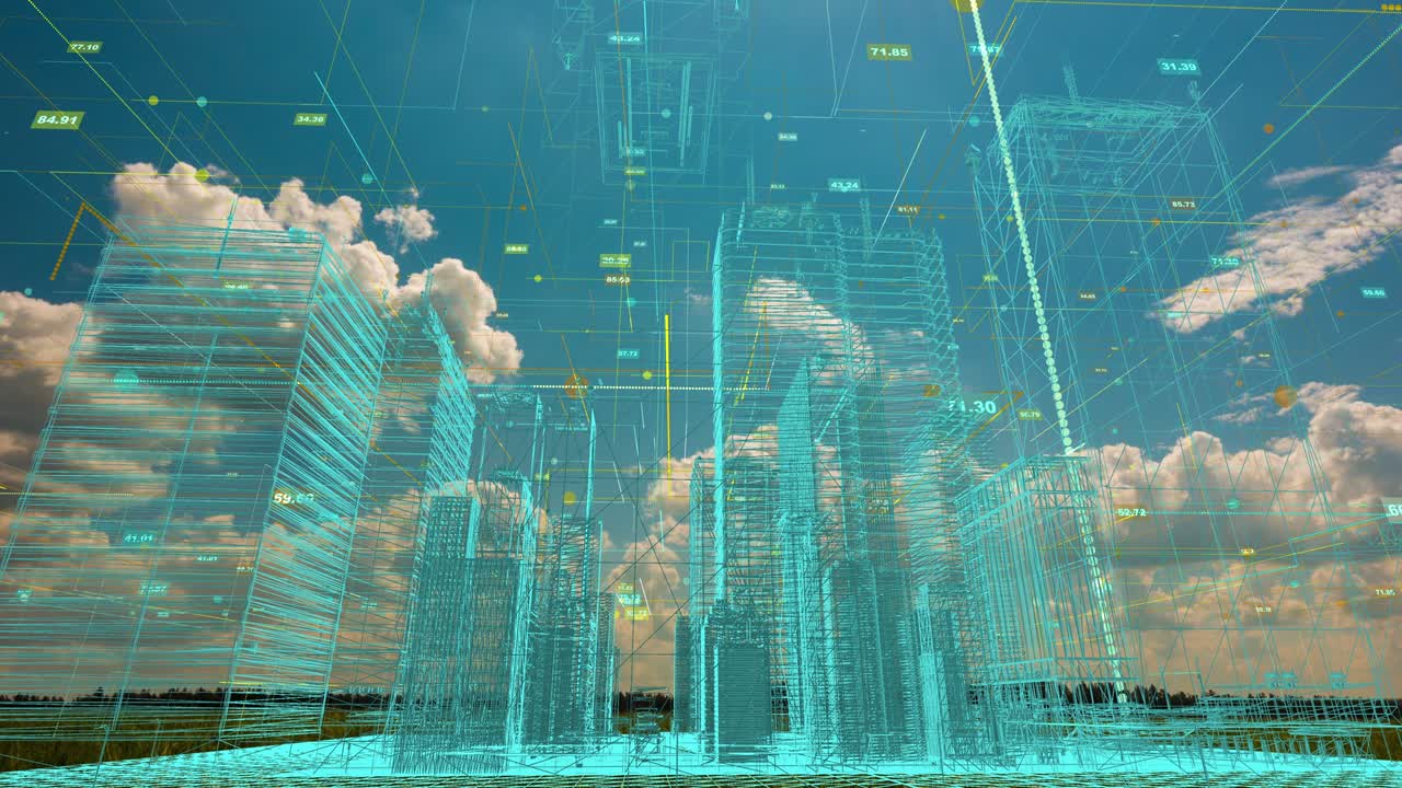 abstract hologram 3D rendering of a city with a futuristic matrix. Digital buildings with a network of binary code particles on the background of a natural landscape of a time lapse, the concept of the construction and construction of new cities