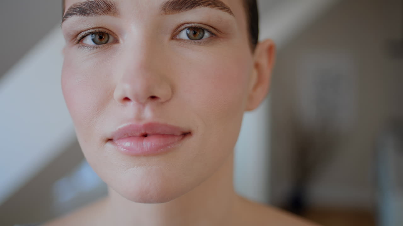 Closeup woman smiling camera in cozy room at serene morning. Portrait happy lady
