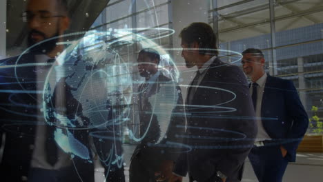 animation of network of connection and globe over business people in the office