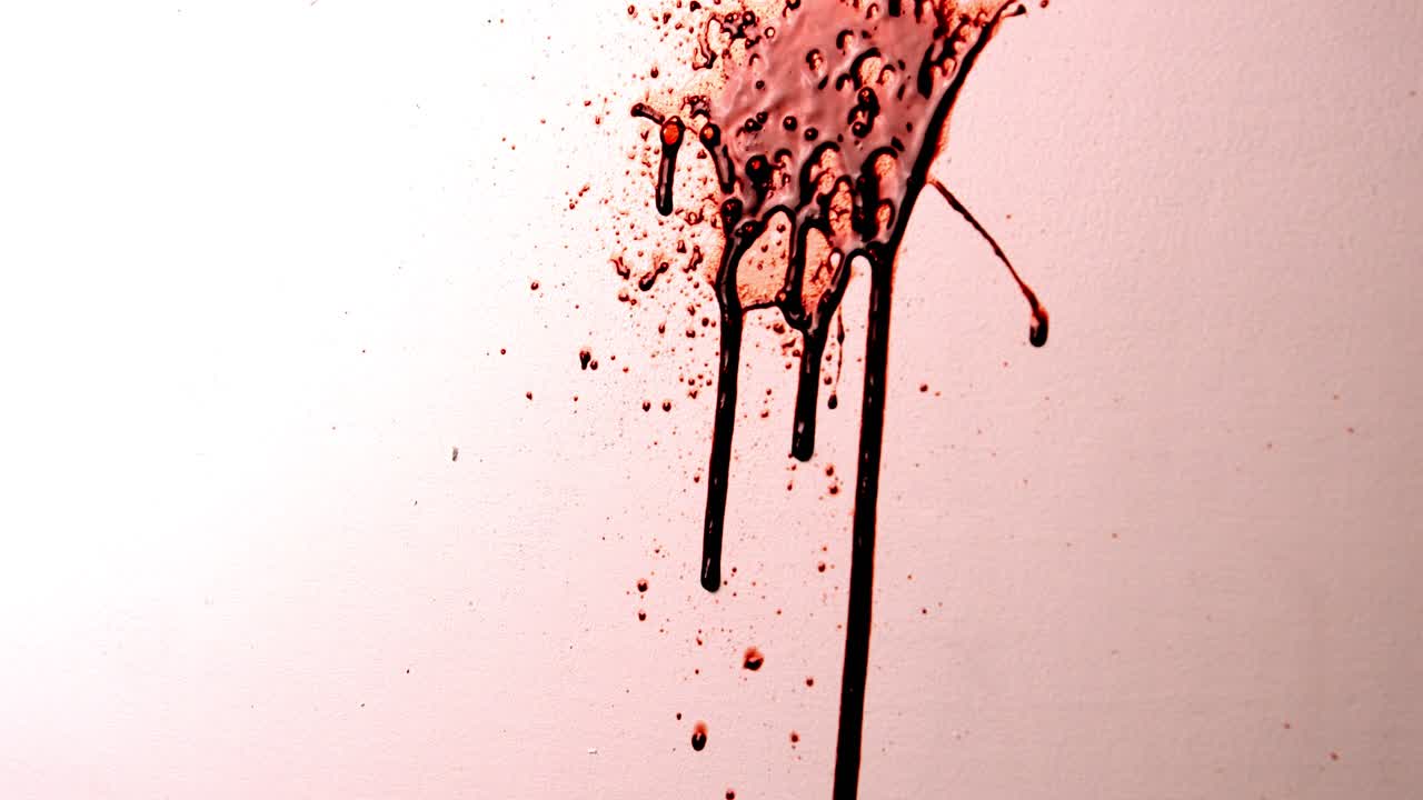 Deep Dark Red Blood Splattered at Speed on White Wall. Spatter Dripping. Realistic Slime Texture for Horror. Violent Crime Scene Halloween Spooky Background. Compositing Asset