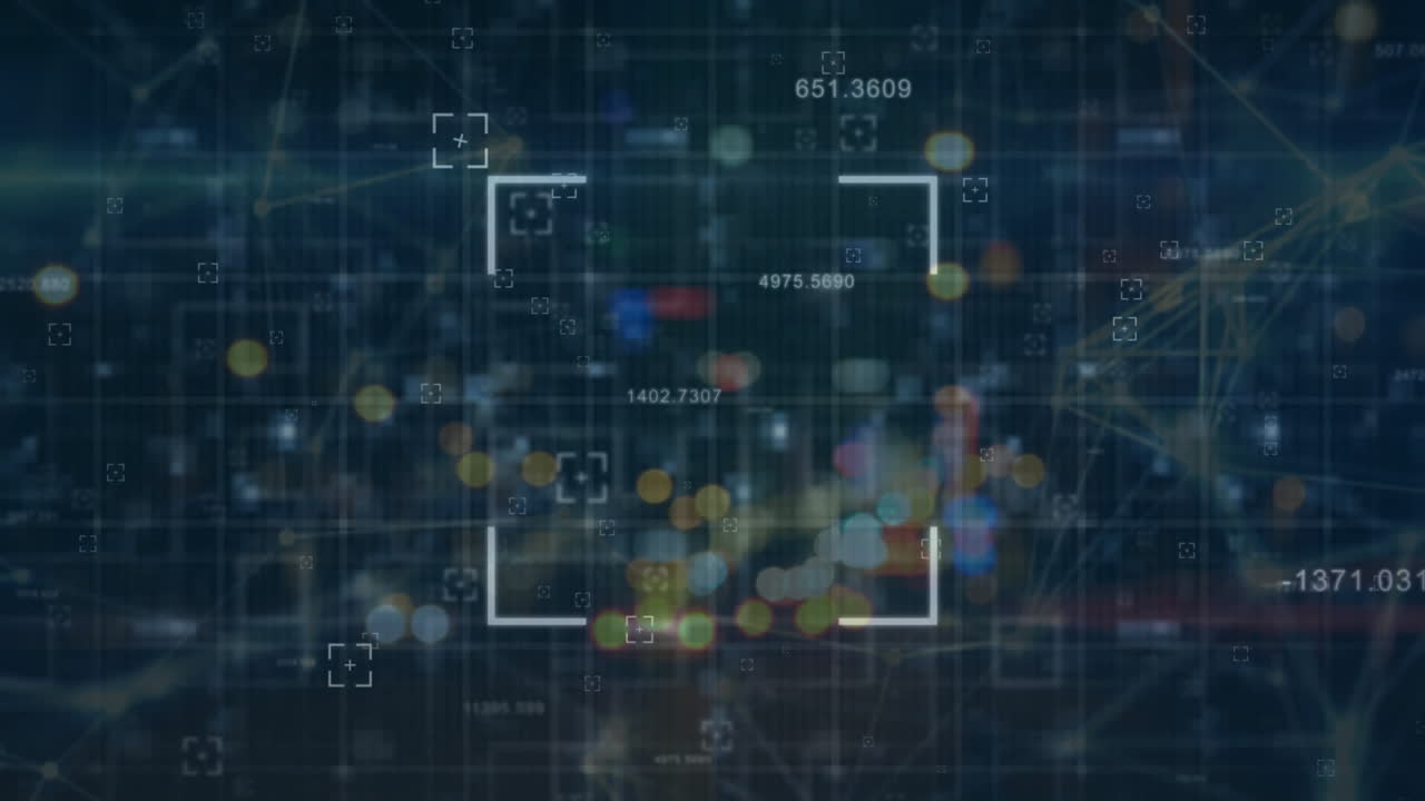 Data points and coordinates animation over cityscape with bokeh lights