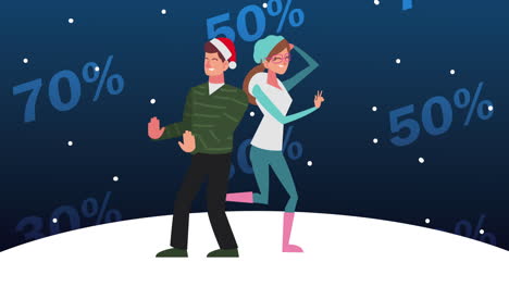 una pareja feliz celebrando la venta de invierno.
