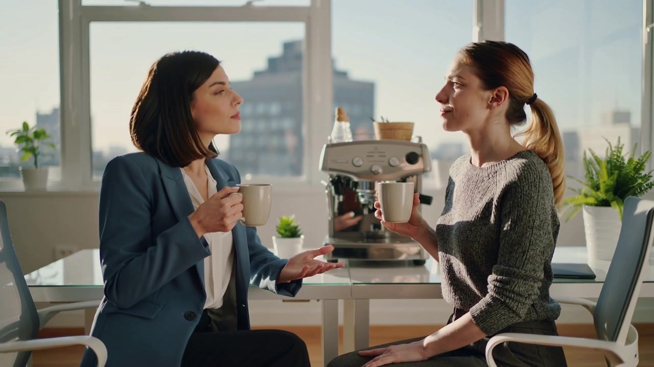 Due donne in blazer blu e maglione grigio sorseggiano dalle tazze e chiacchierano nell'area relax con una macchina da caffè espresso.