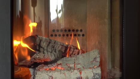 Two-chunks-of-wood-burning-gently-inside-wood-stove---Heating-private-home-without-electricity---Static-shot-with-reflections-in-glass