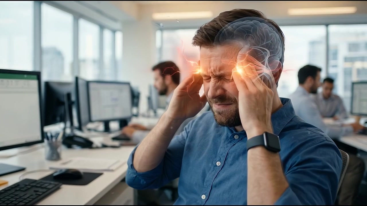 Impiegato stressato che soffre di forte mal di testa