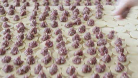 making a large batch of meat-filled dumplings