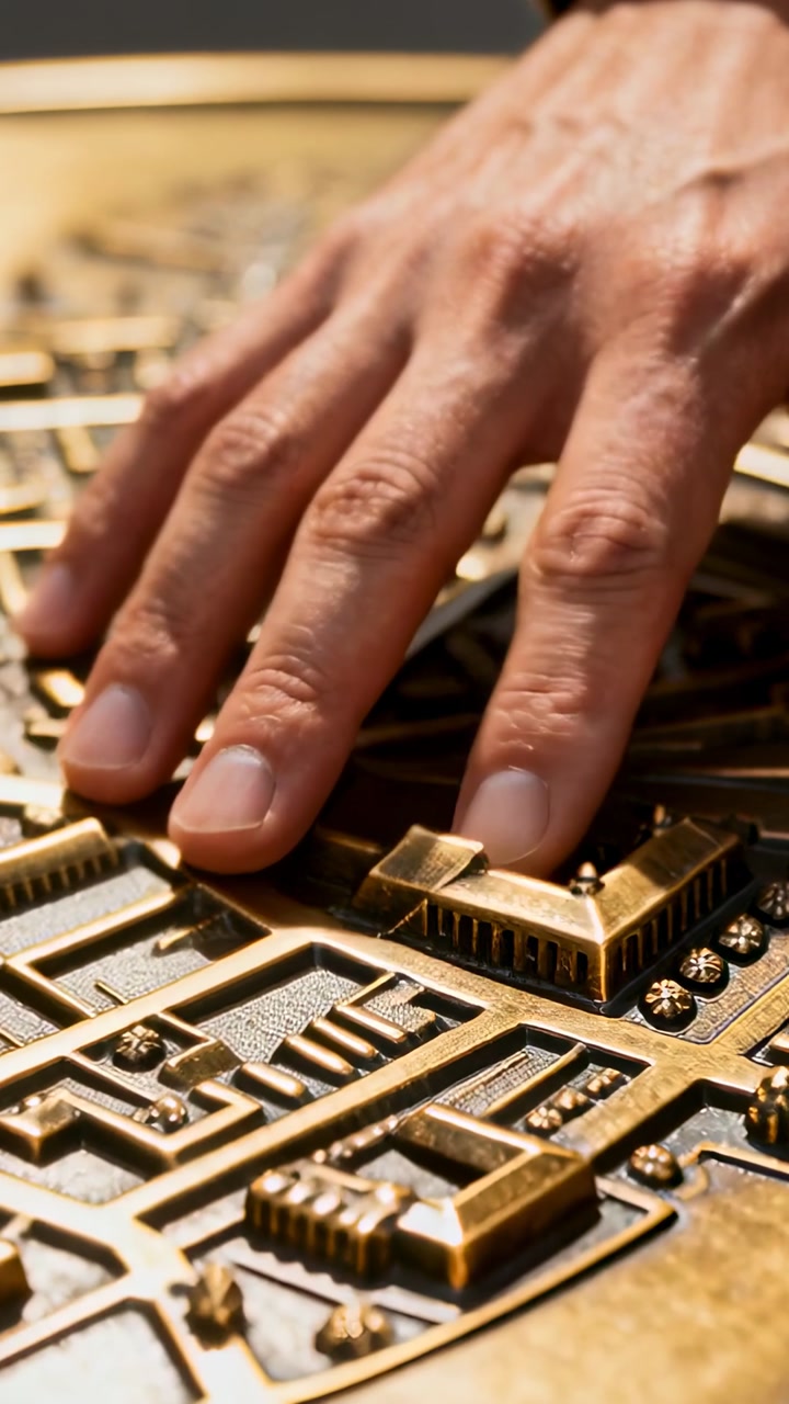 Vertical video: Adult hand placing palm-down on metallic relief, tracing streets for design review