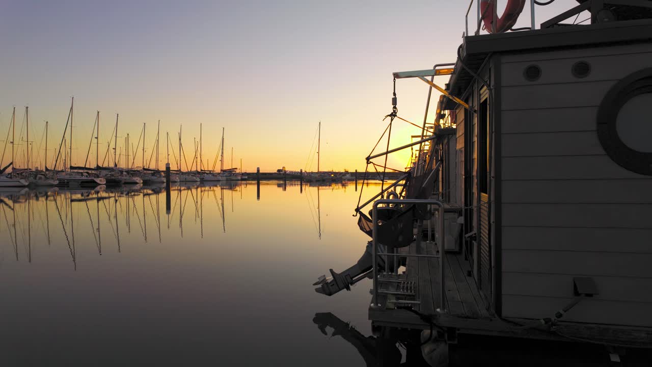 Marina at Parque das Nações during sunrise, Portugal, slowly panning from right to left
