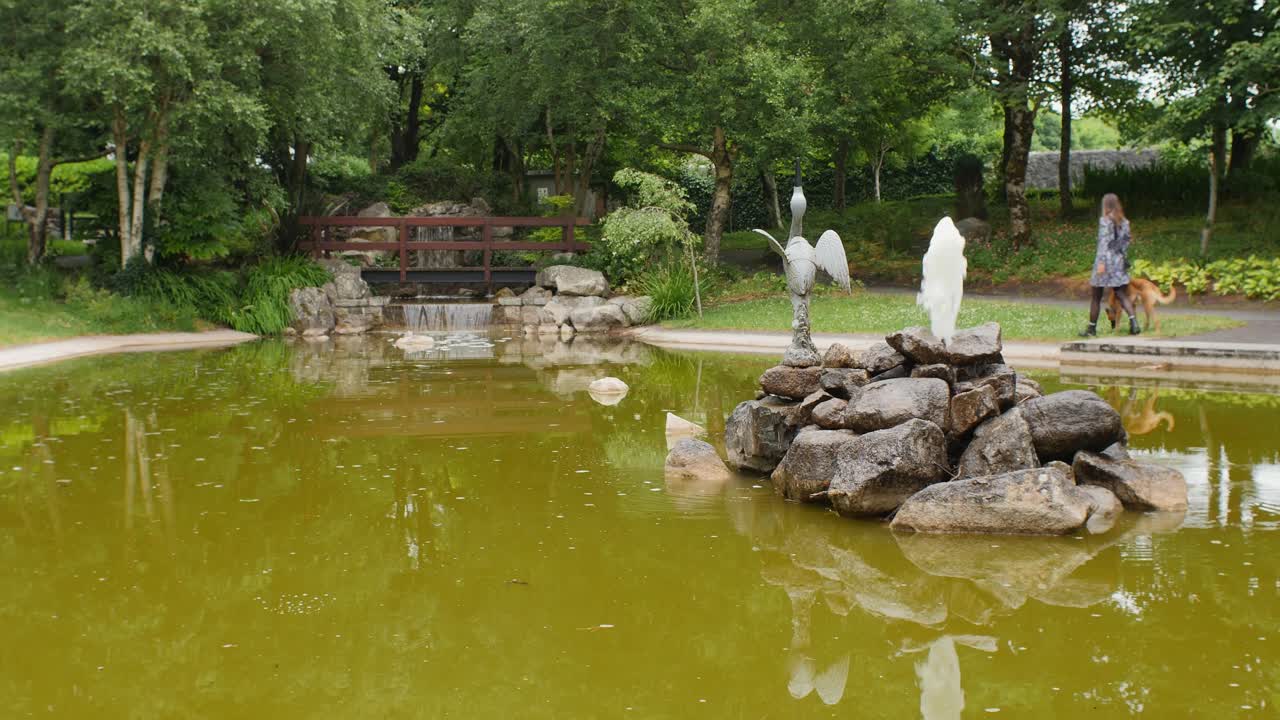 매력적 인 여자 는 호수 와 그림 같은 나무 다리 를 따라 개 를 우아 하게 산책 시킨다