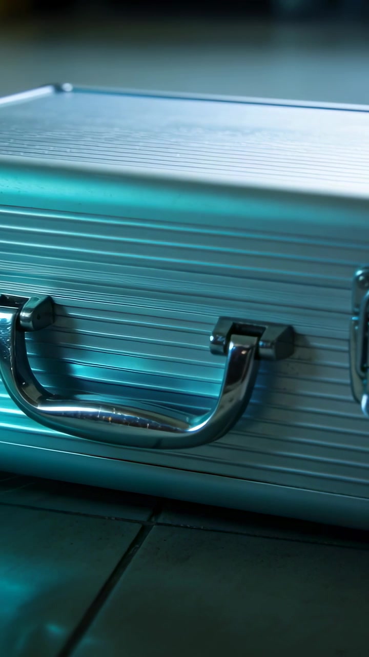 Vertical video: Revealing aluminium case with chrome handle as camera shifting on tiles, teal glow