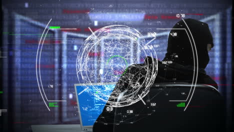 animación del globo y procesamiento de datos a través de una computadora hacker con computadora portátil