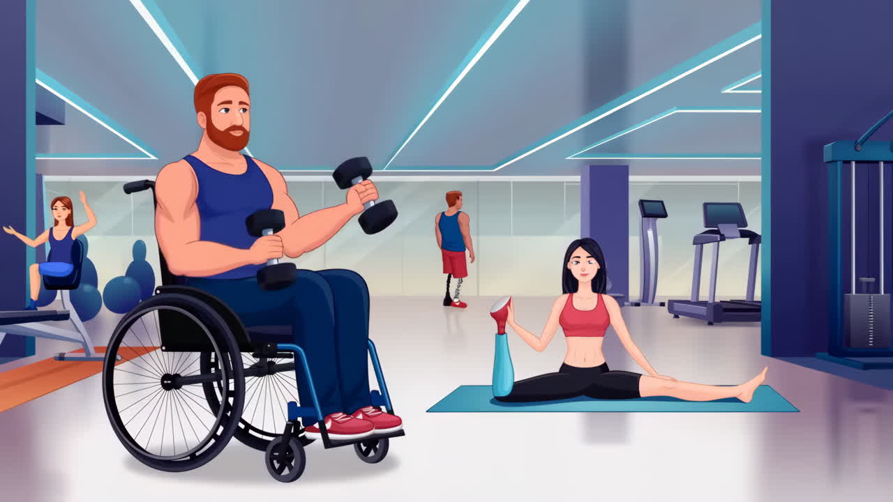Inclusive gym scene with people working out, including a wheelchair user and an amputee
