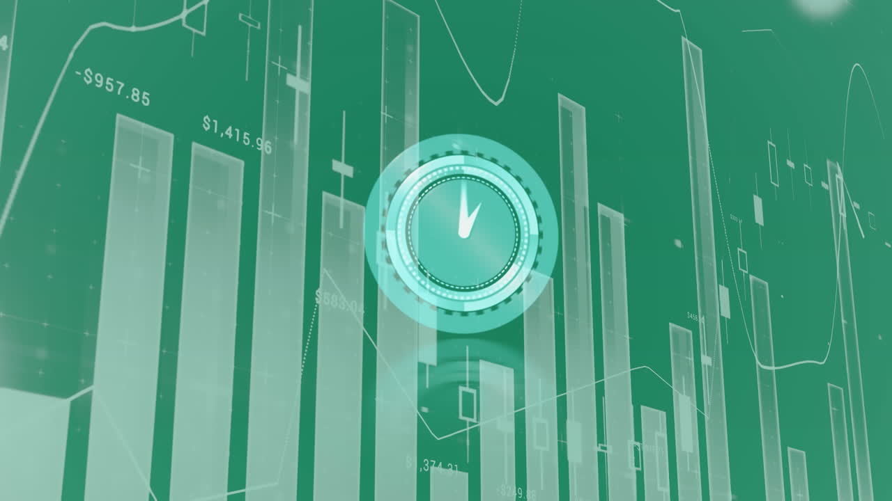 Animation of clock over graphs on green background