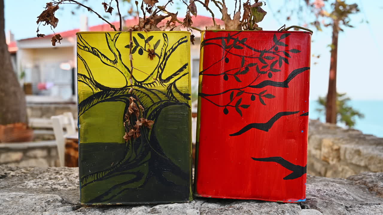 Painted canisters being used as vases for flowers in Greece