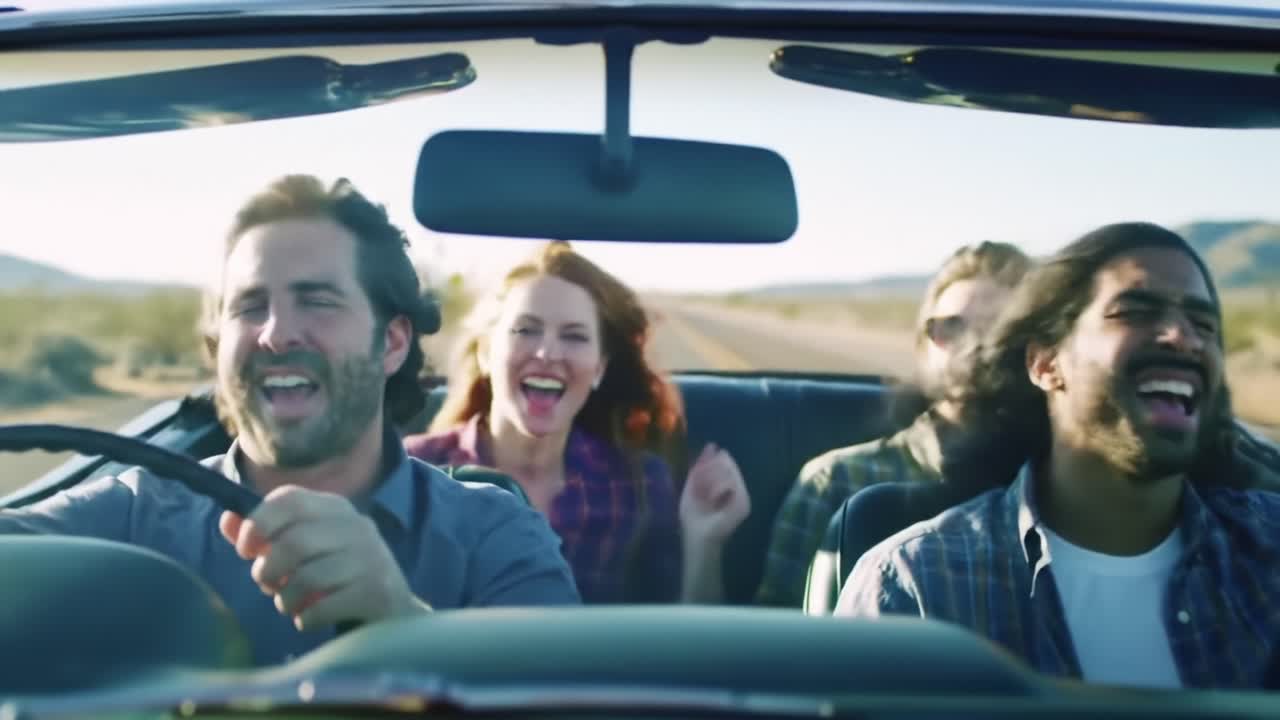 A group of friends enjoying a carefree road trip in a convertible, reveling in laughter and music as they drive down an open highway surrounded by stunning landscapes