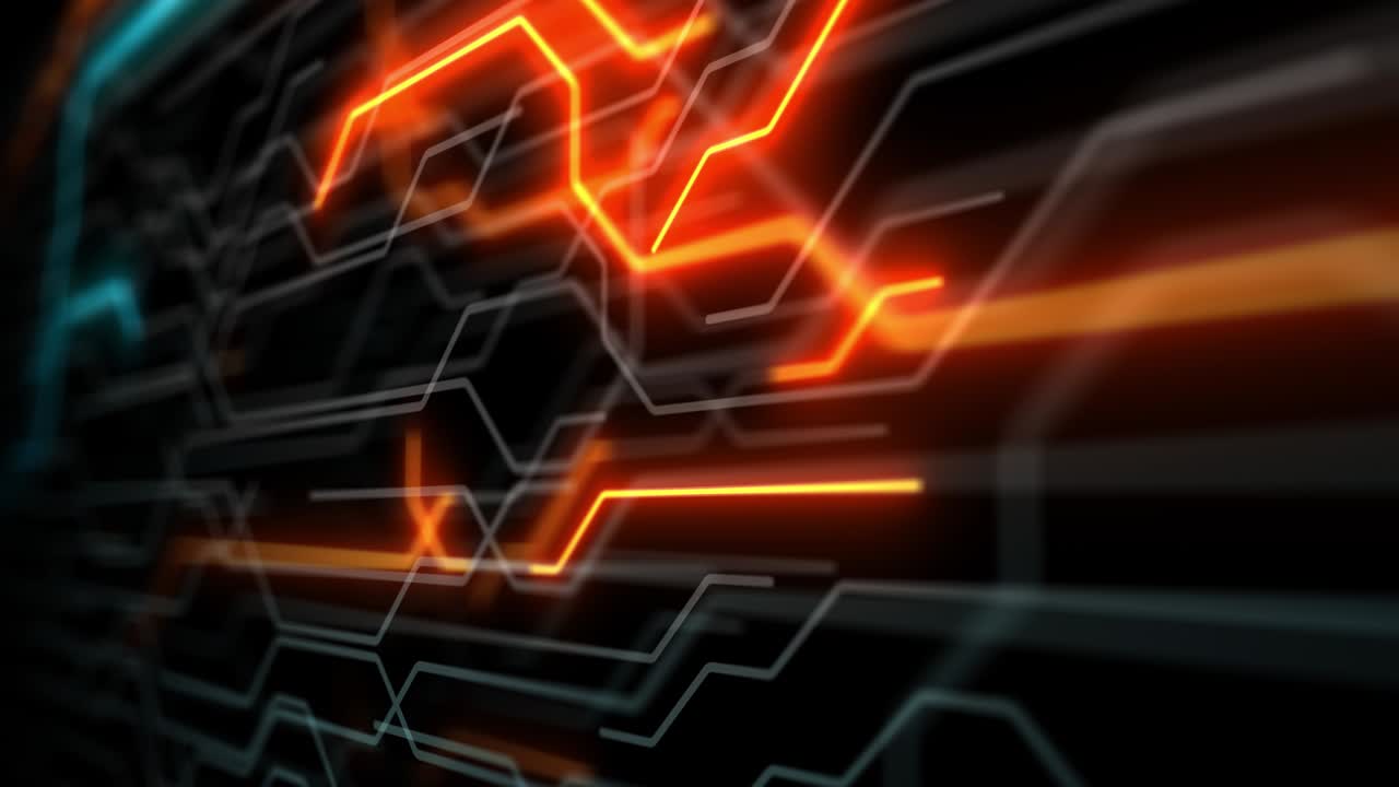 Circuit board futuristic server code processing. Orange, green, blue technology background with bokeh.