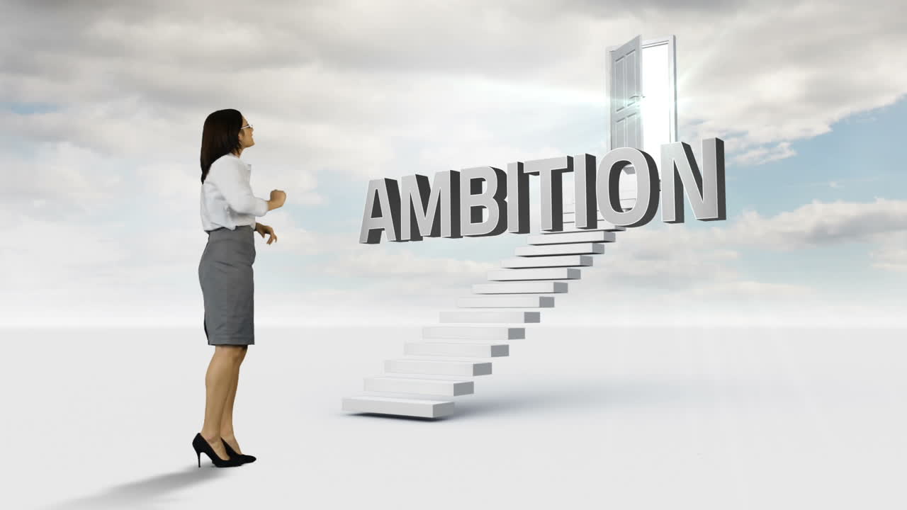 계단에 놓인 단어를 바라보는 사업가