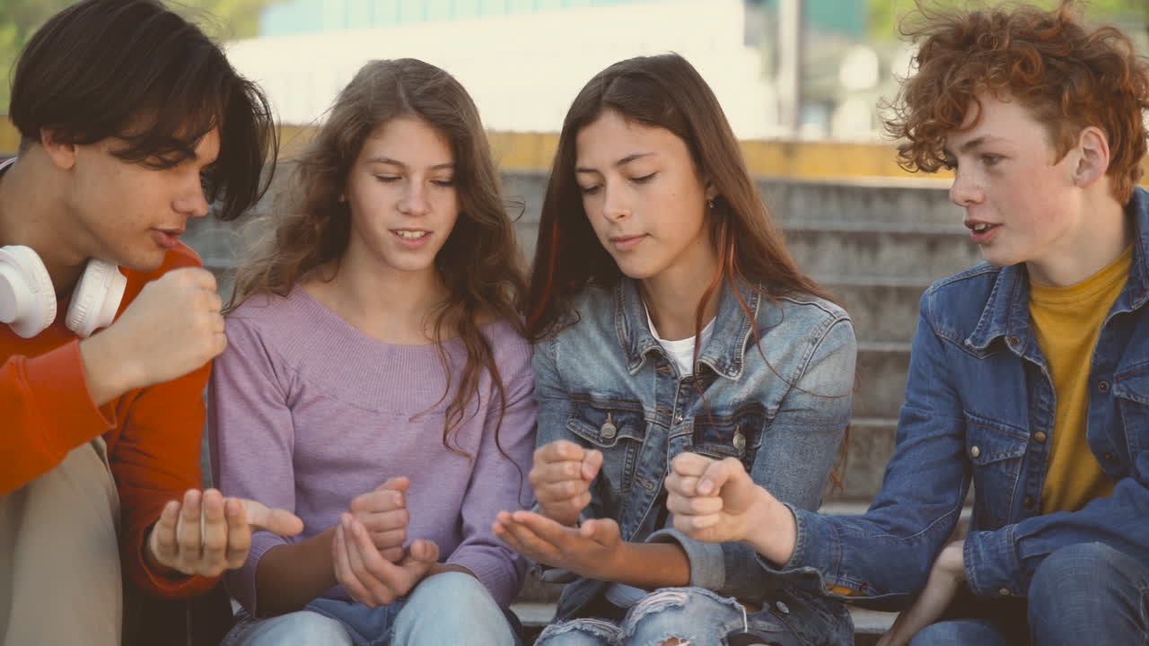 un grupo de adolescentes con dos niñas y dos niños jugando piedra papel tijera