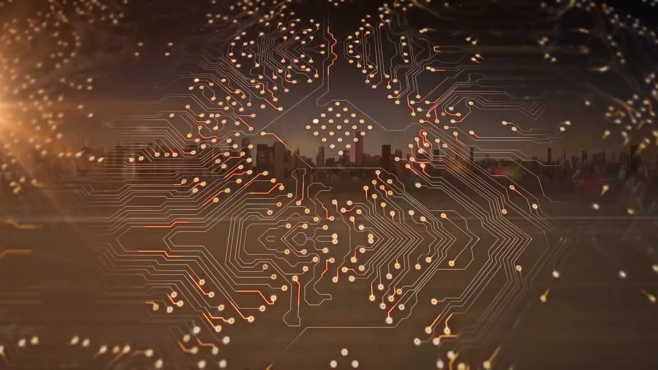 데이터 프로세싱, 도시 풍경 및 회로 보드의 애니메이션