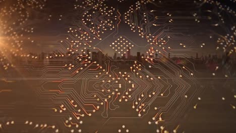 animación del procesamiento de datos, el paisaje urbano y la placa de circuitos.