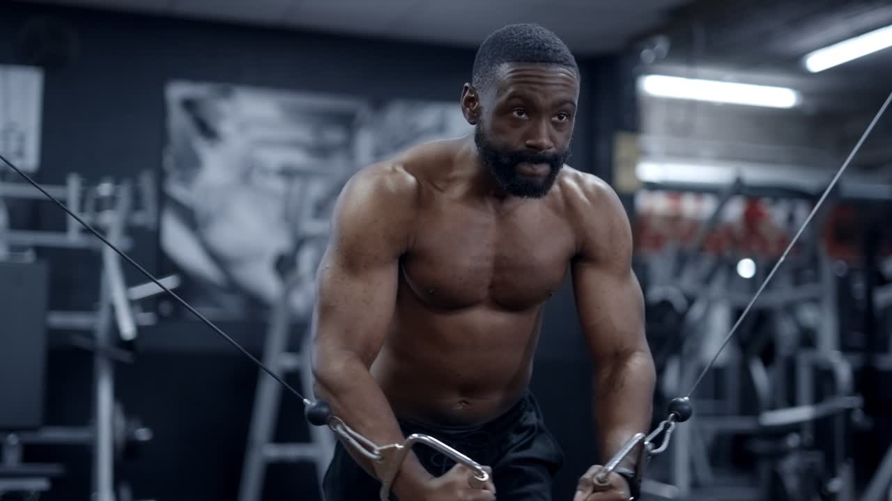 African American athletic man performs chest flys exercise shirtless