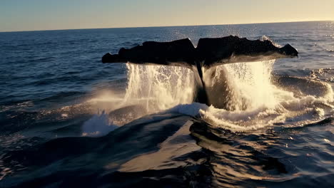 humpback whale tail slap at sunset