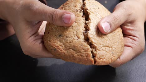 hands holding a broken chocolate chip cookie