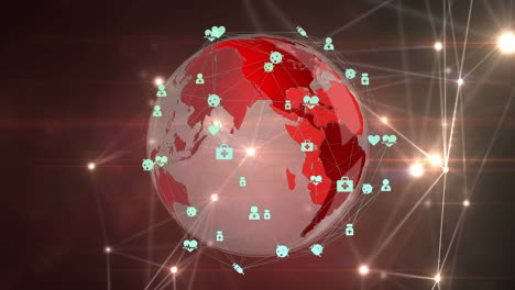 red de iconos de conexiones brillantes y globo giratorio contra un fondo rojo