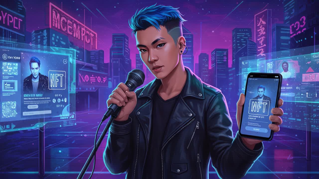 An Engaging Digital Performer Holds a Phone with NFT Information Amidst a Futuristic Urban Landscape Enhanced by Neon Lights and Digital Billboards