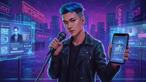 an engaging digital performer holds a phone with nft information amidst a futuristic urban landscape enhanced by neon lights and digital billboards