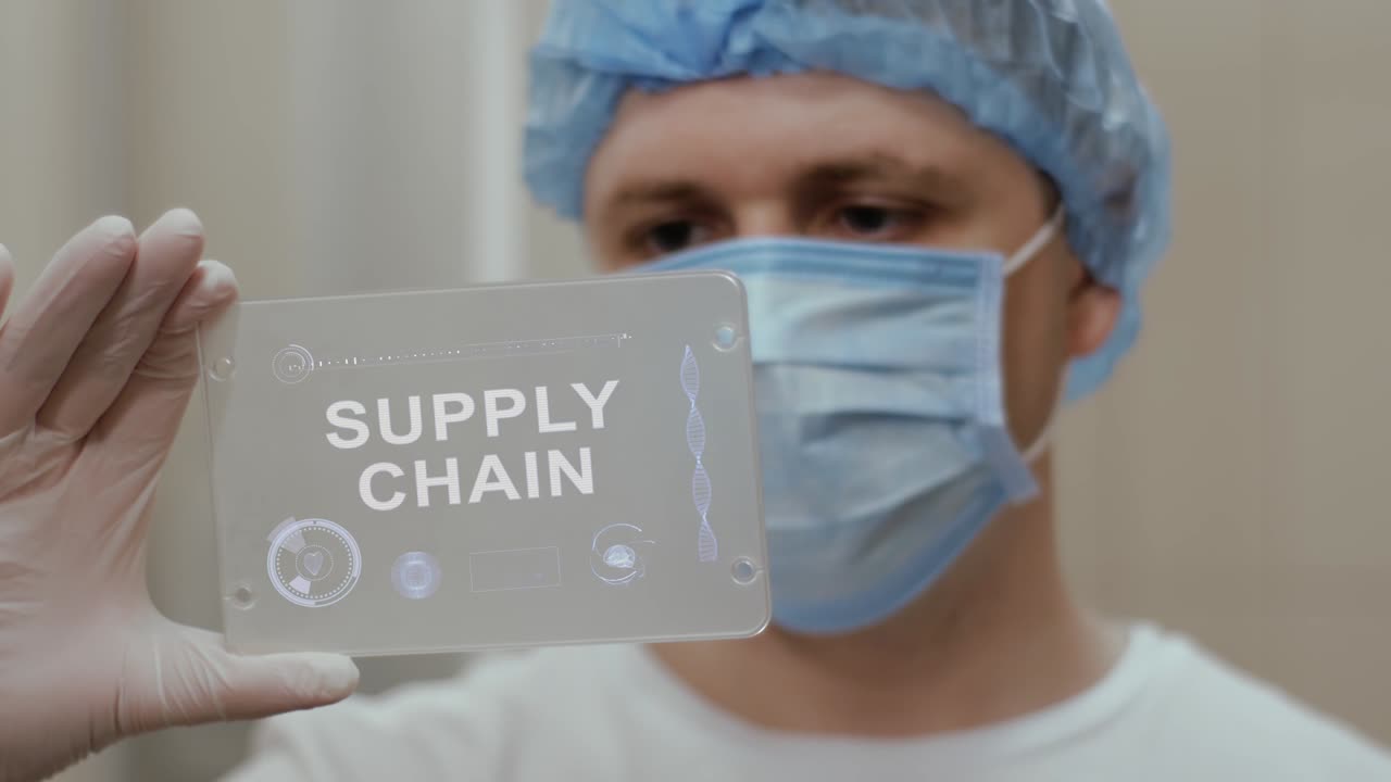 Doctor uses tablet with text Supply Chain
