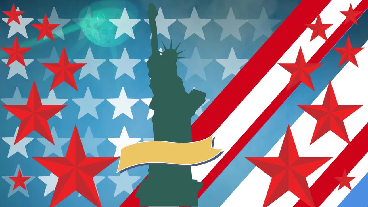 animación de la estatua de la libertad y la bandera, con estrellas y patrones de rayas de la bandera estadounidense