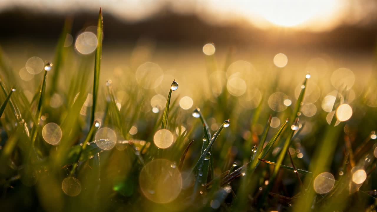 A câmera se move ao nível do solo enquanto o sol nasce, revelando lâminas de grama orvalhadas, gotas e bokeh.