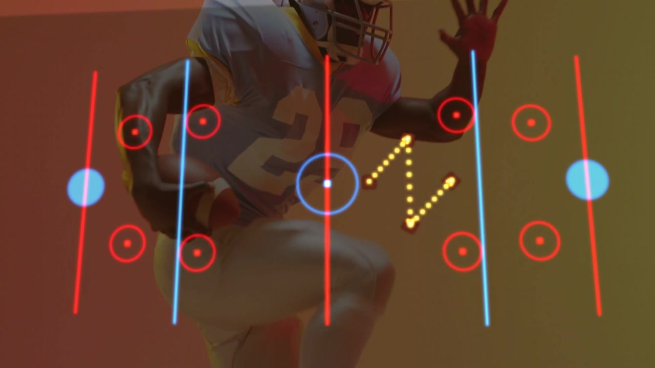 Calciatore che esegue un gioco di gambe, avviando la griglia HUD e sincronizzando i marcatori, tenendo il pallone pronto per la corsa.