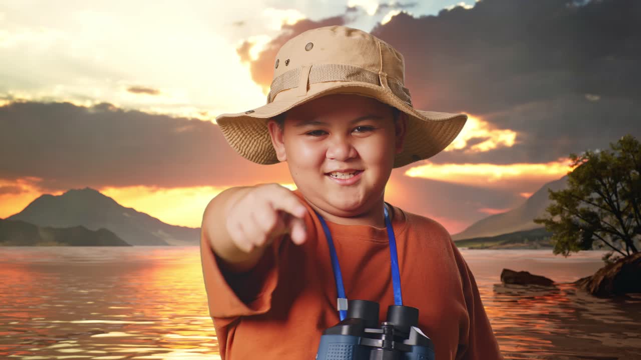 niño asiático con sombrero y binoculares sosteniendo una lupa, tocando su pecho y luego apuntándote a un lago. niño investigador examina algo, turismo de viajes, de cerca