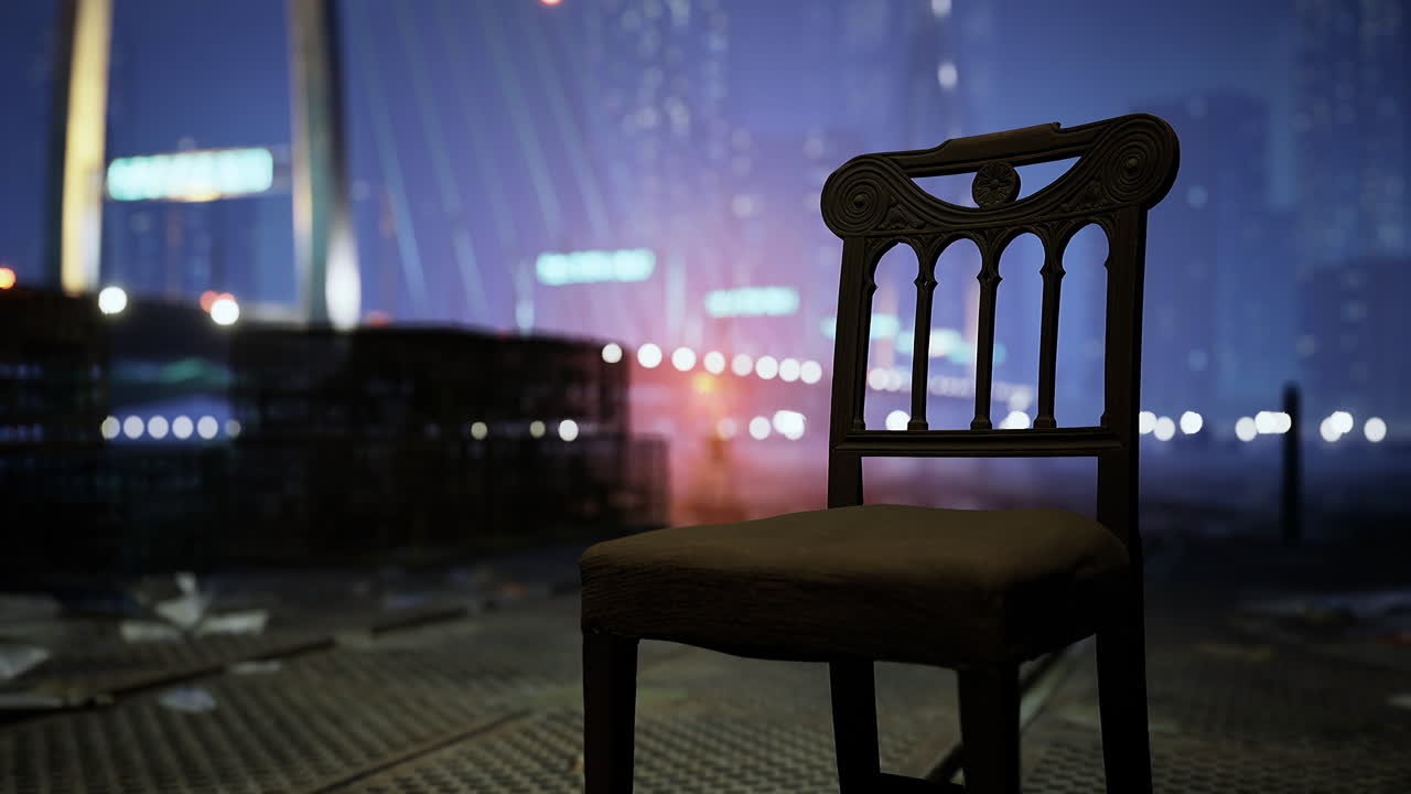 Lonely chair by the water at night in a vibrant urban setting