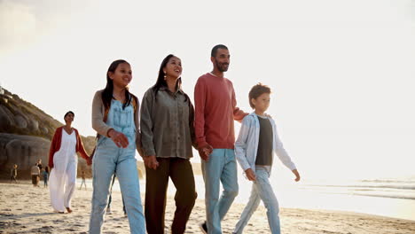 sunset, walking and family holding hands