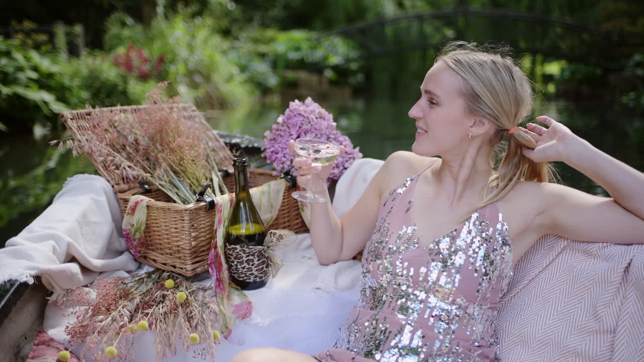 Happy Young Woman On A Rowing Boat Drinking A Glass Of Wine Relaxing - Medium Shot