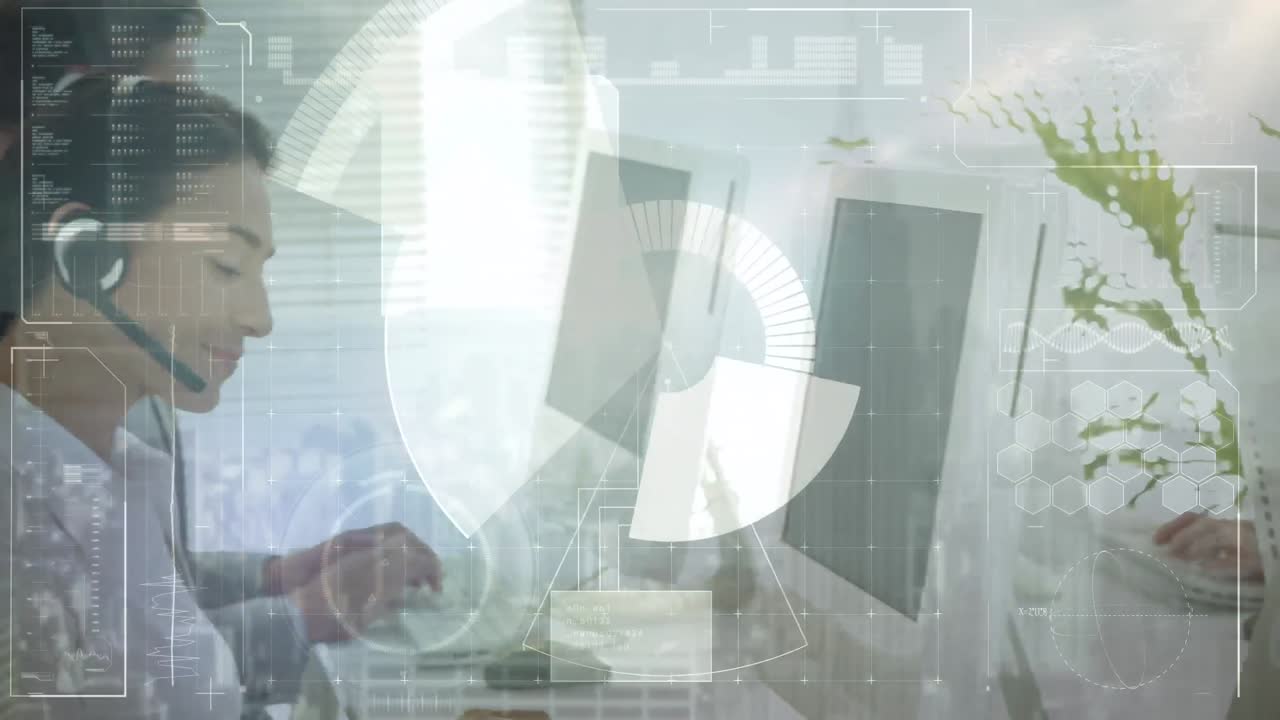 animación del procesamiento de datos financieros sobre personas de negocios que trabajan en la oficina