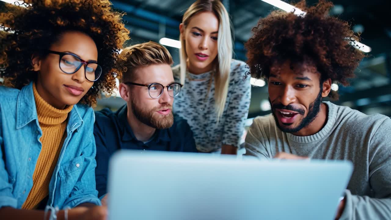 A group of diverse professionals engaged in a collaborative work session, focused on a laptop screen, showcasing teamwork and digital innovation in a modern office environment