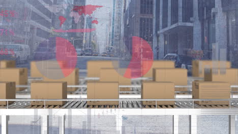 animation of financial data processing over boxes on conveyor belts and cityscape