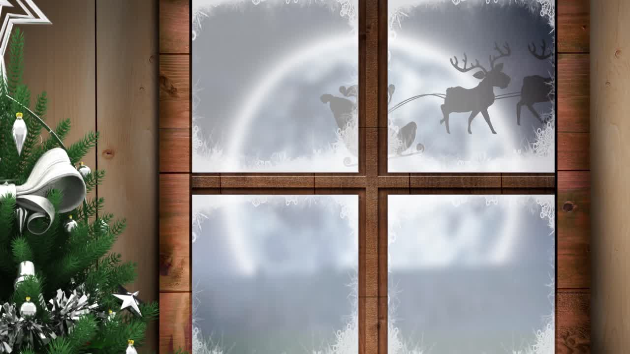 Digital animation of christmas tree and wooden window frame against black silhouette of santa claus