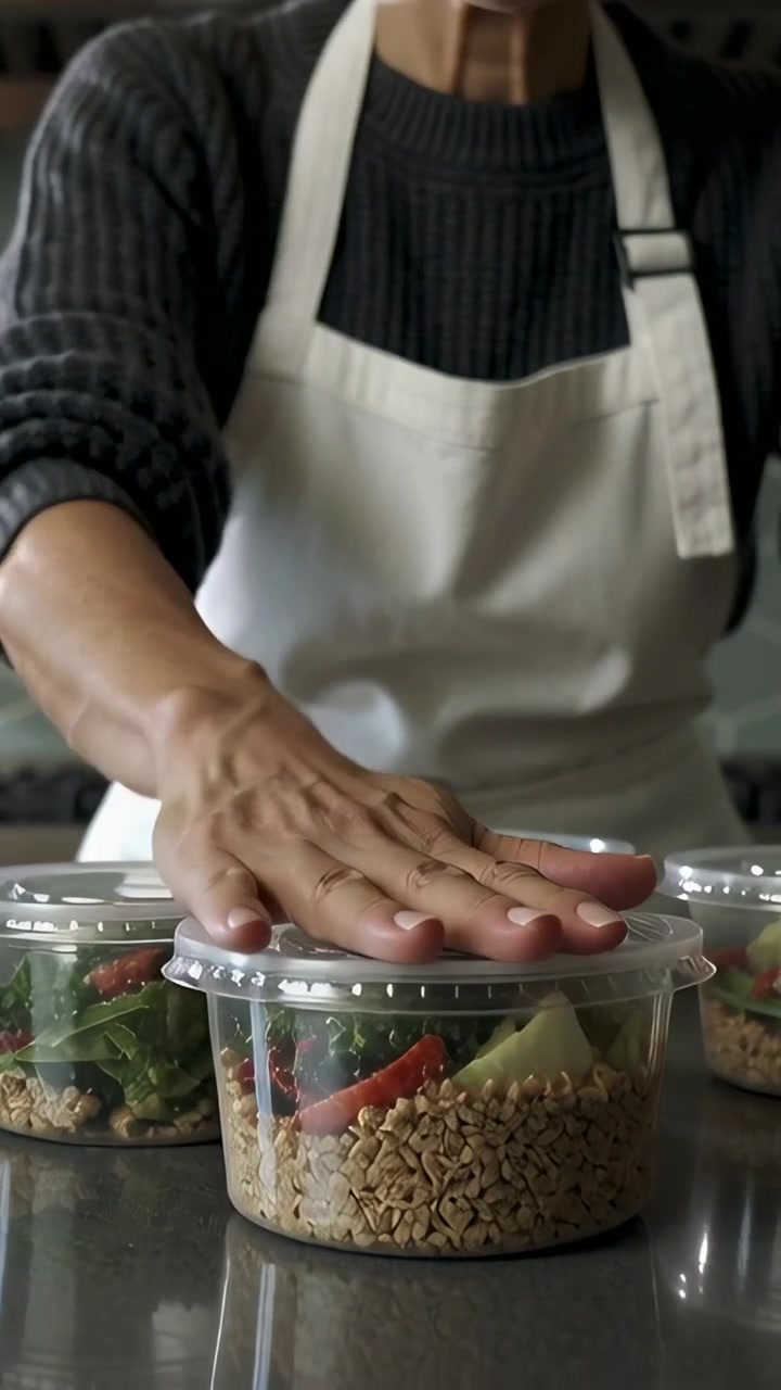 Vertical video: Reaching cook in apron sealing lids on bowls with grain salad on counter for prep