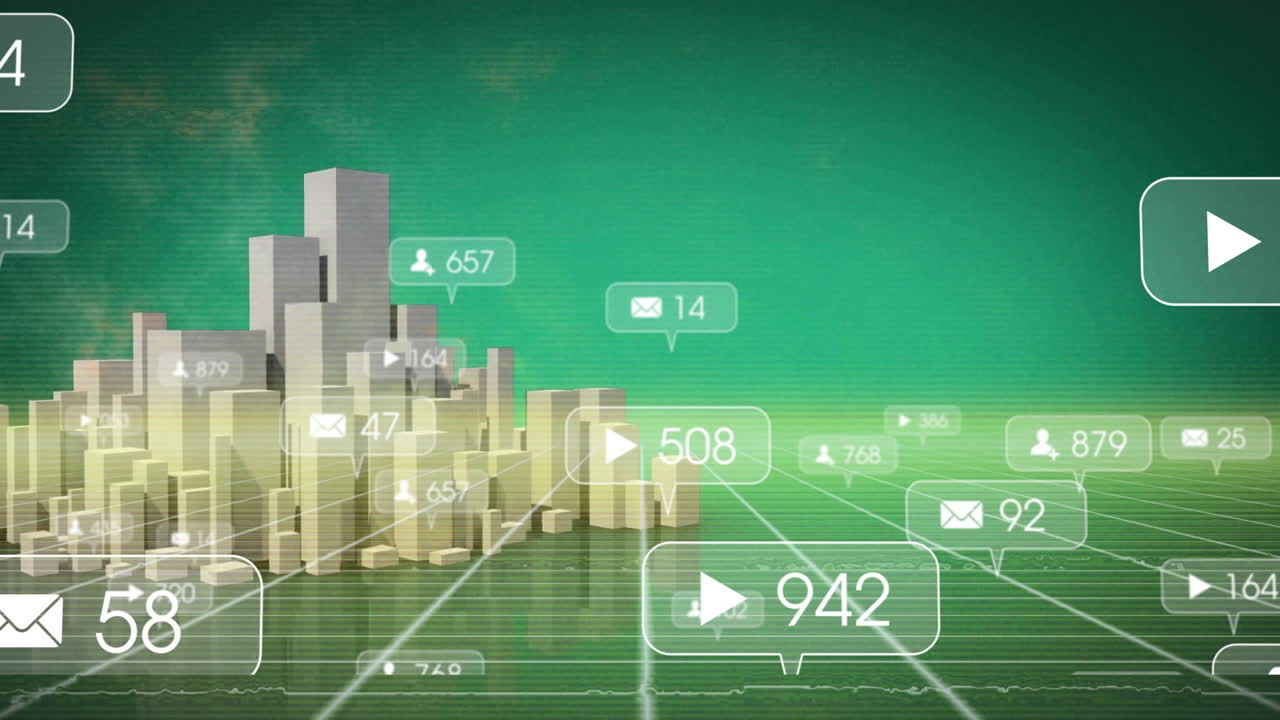 3D block cityscape floating on green grid showing clear data bubbles with envelope user play icons