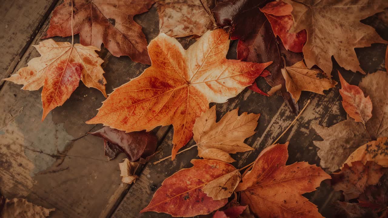Pulling back camera revealing clustered maple leaves on worn wooden planks to show fall arrangement